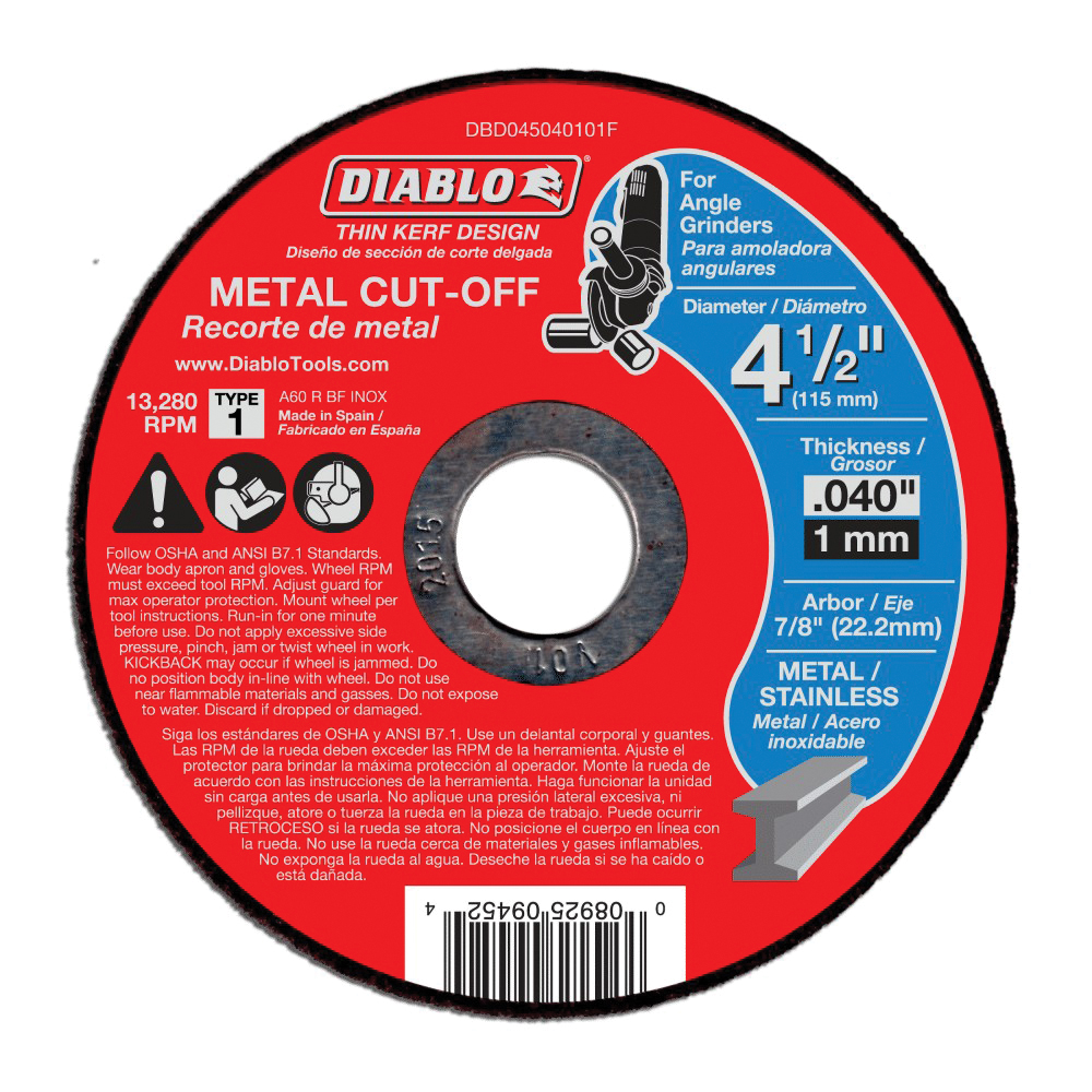 Diablo DBD045040101F Aluminum Oxide Type 1 Heavy-Duty Cut-Off Disc with Thin Kerf  4-1/2 x 0.04 x 7/8 in  13280 rpm  1/Pack
