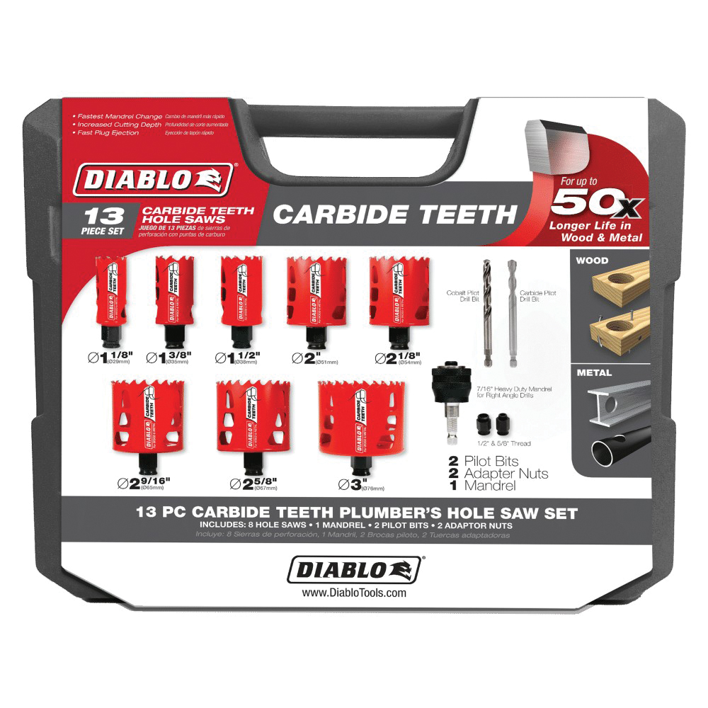 Diablo DHS13SPLCT 13-Piece Carbide Teeth Variable Cutting Edge Plumbers Hole Saw Set  1 to 3 in