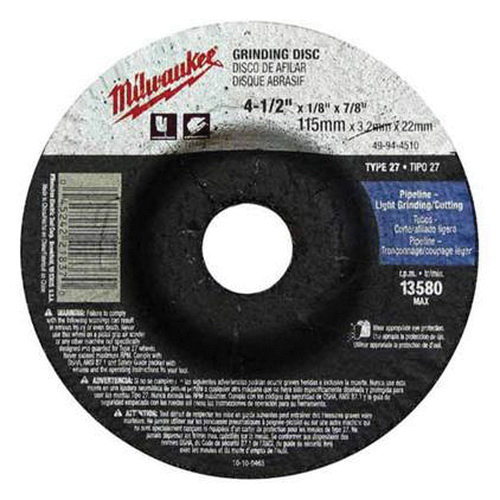 Milwaukee 49-94-4520 Aluminum Oxide Type 27 Grinding Wheel  4-1/2 x 1/4 x 7/8 in  13580 rpm  10/Pack