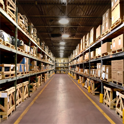 View of warehouse aisle full of electrical supplies