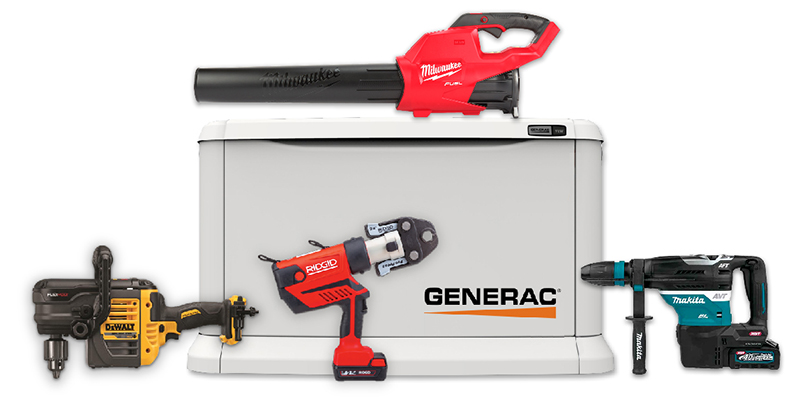 Image of Tool Shop products, including Generac, Milwaukee Tools, Makita, DeWalt, and RIDGID